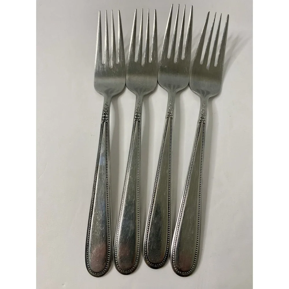 4 Rogers Beaded Elegance Stainless Korea Tablespoons Dinner Forks 7-1/2